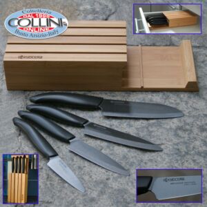 Kyocera - Set 4 coltelli in ceramica nera + Ceppo in bamboo - coltelli da cucina