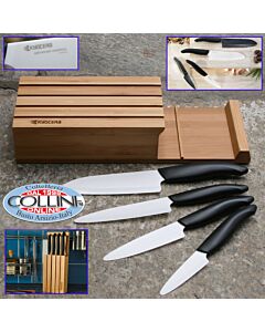 Kyocera  - Set 4 coltelli lama ceramica bianca con ceppo bamboo porta coltelli 